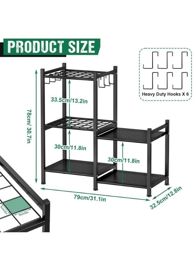 Uptyia Garden Tool Organizer Rack，Garage Organization, 3 Tier Yard Tool Storage Rack，Long-Handled Tools, Garage & Outdoor Tool Holder Shelf, Metal Storage Stand for Rakes, Shovels, Brooms, Heavy Duty Garden Tool Holder with Large Hooks for Shed, Yard - Image 3